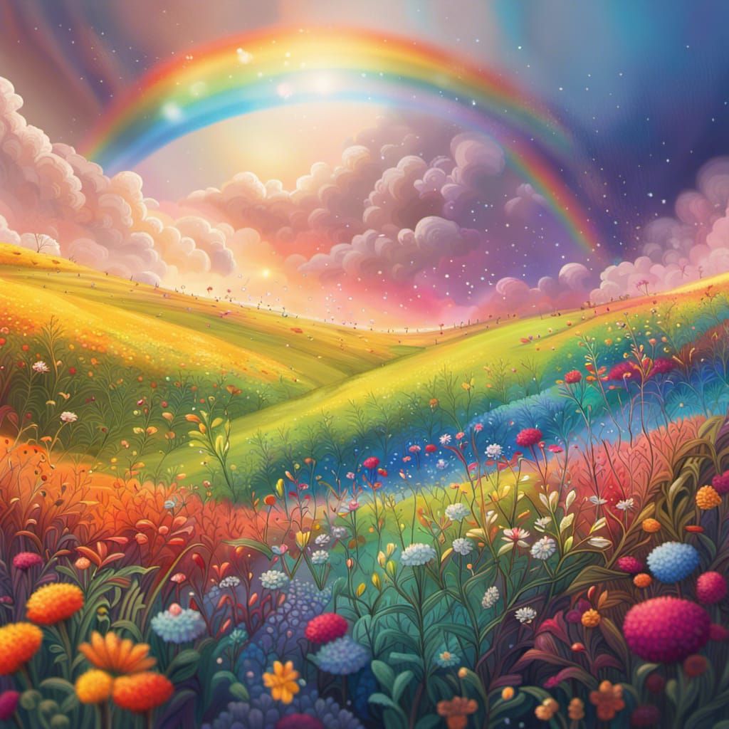 Colorful Meadow Overlooking a Rainbow in Splash Art Style