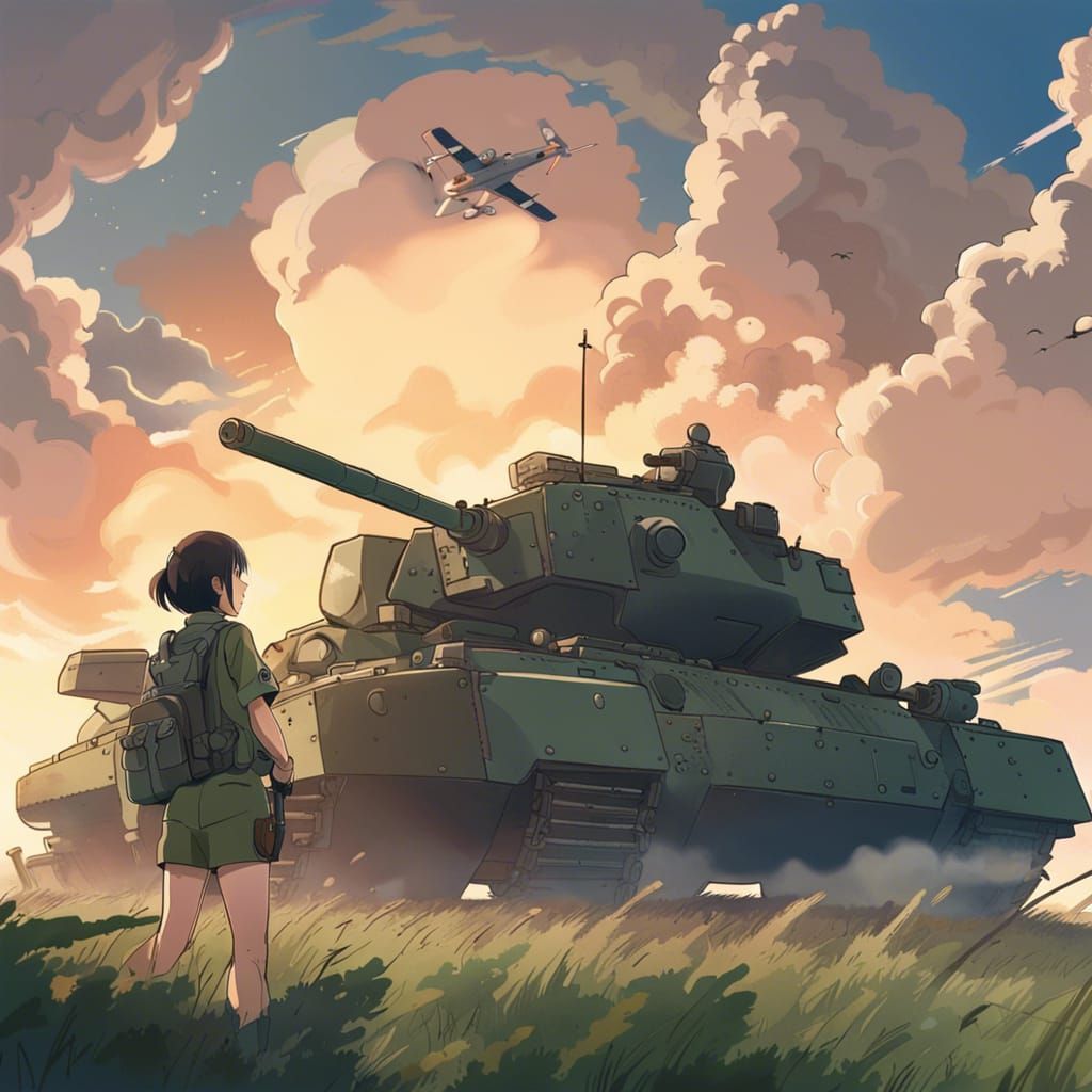 Anime Soldier on Battlefield in Ghibli Style