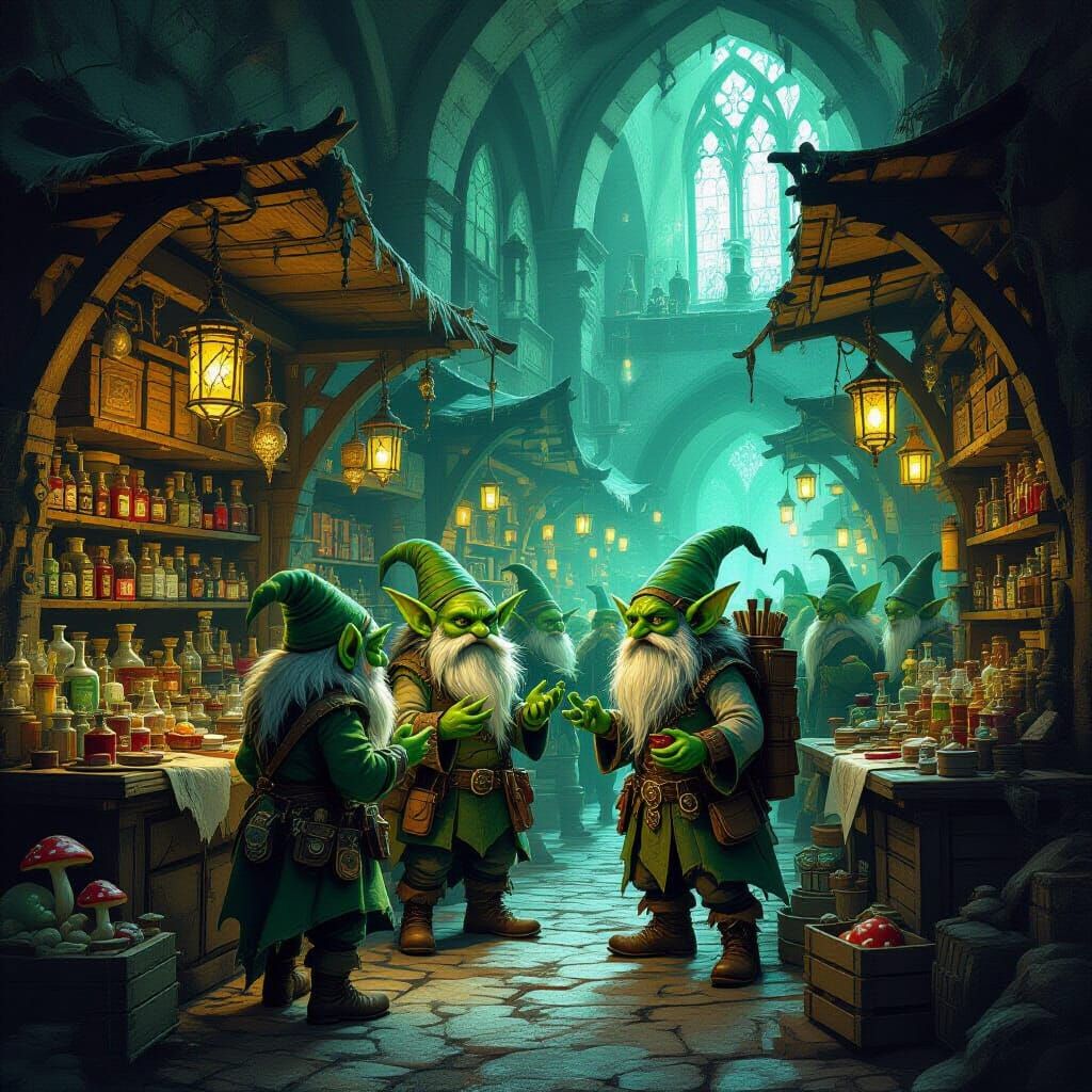 Bustling Goblin Market in Ancient Library