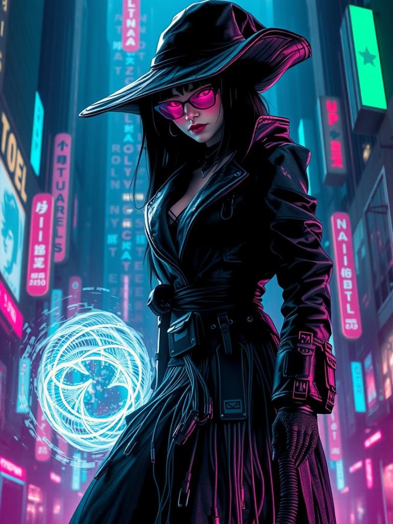 Cyberpunk Witch Conjuring Glitch Art Vortex