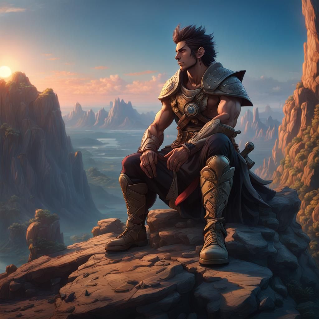 Warrior Watches Sunrise in Anime Style
