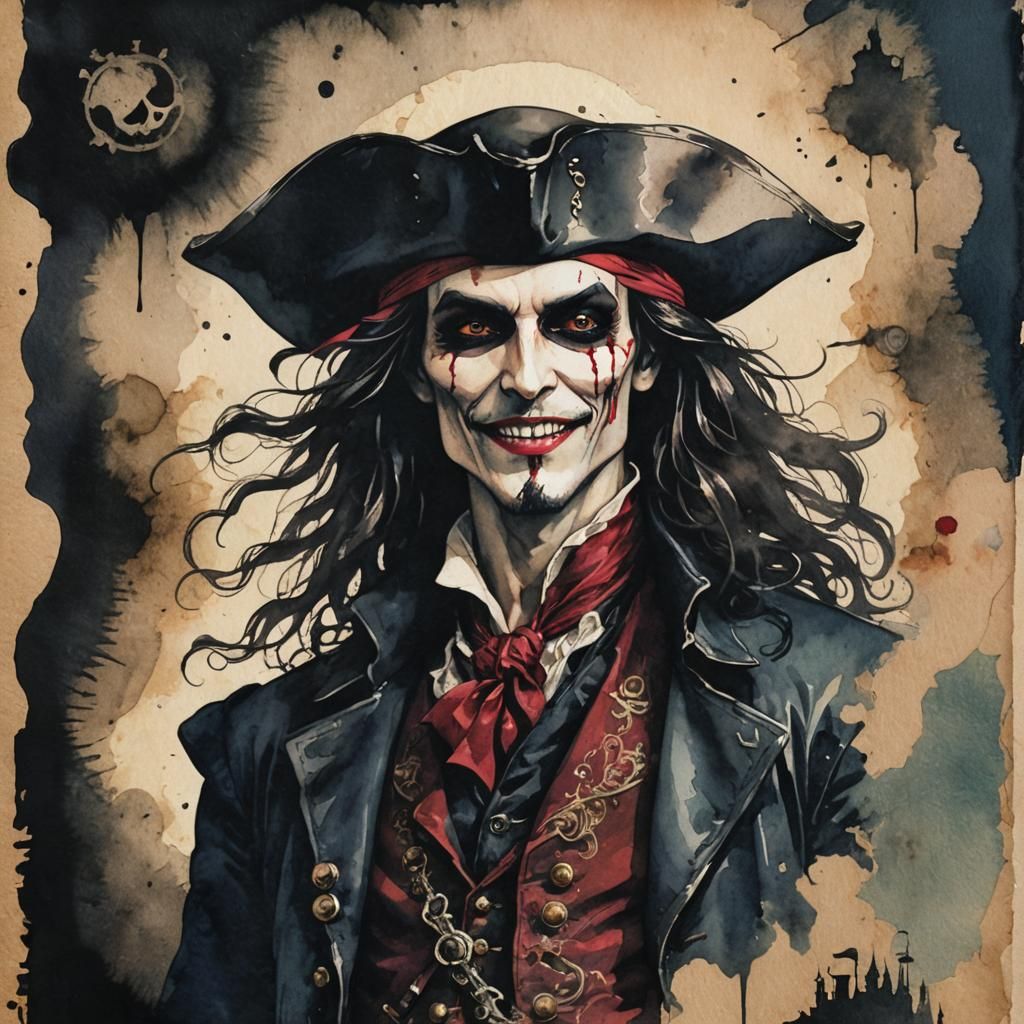 Vampire Pirate Silhouette in Steampunk Ink Painting