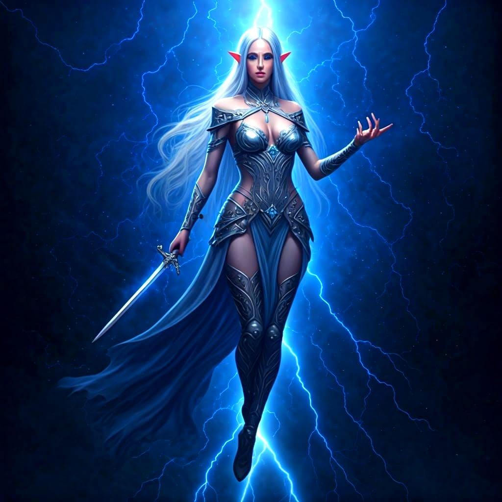 Silver Elf in Lightning Storm Presents Sword