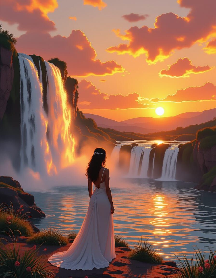 Golden Hour Waterfall: Serene Woman in Nature