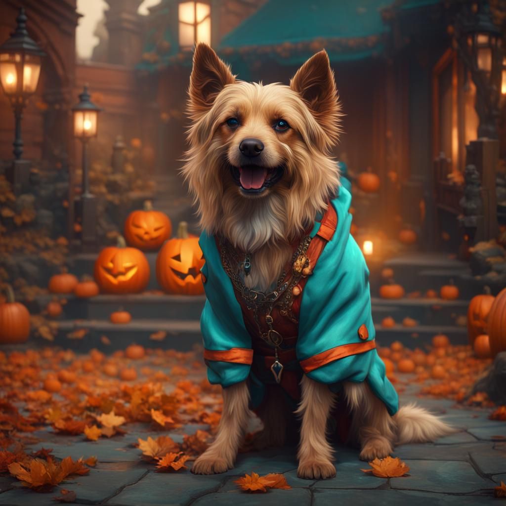 Dog in Halloween Costume, Hyperdetailed Concept Art