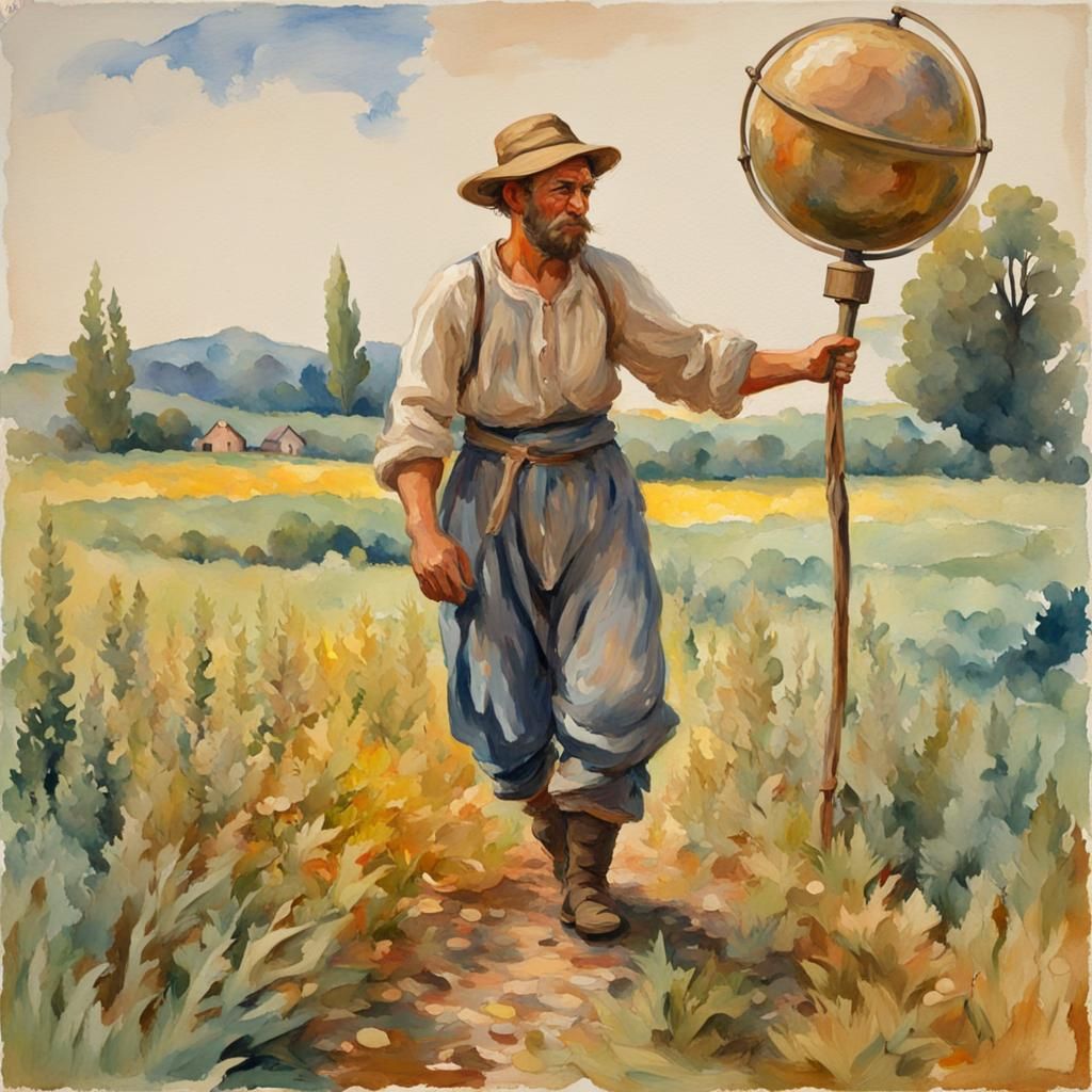 Impressionist Gouache Painting of Peasant in Field