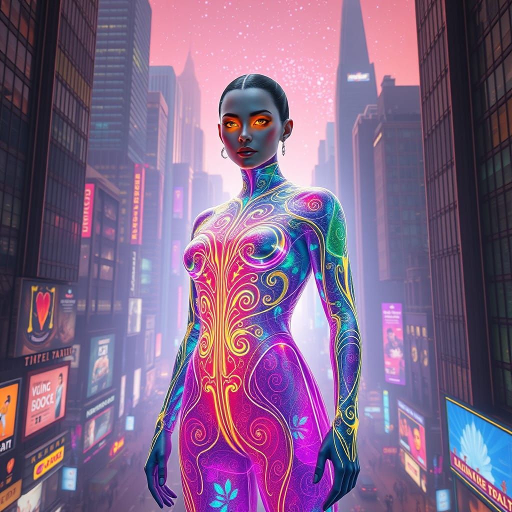 In a Futuristic, Neon-Lit City, a Hero Emerges with Power to...