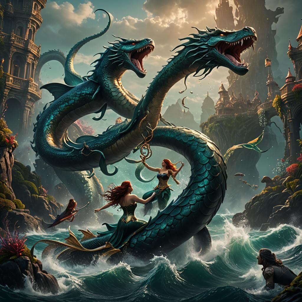 Fantastical Sea Serpent Battles Mermaid in Vivid Colors