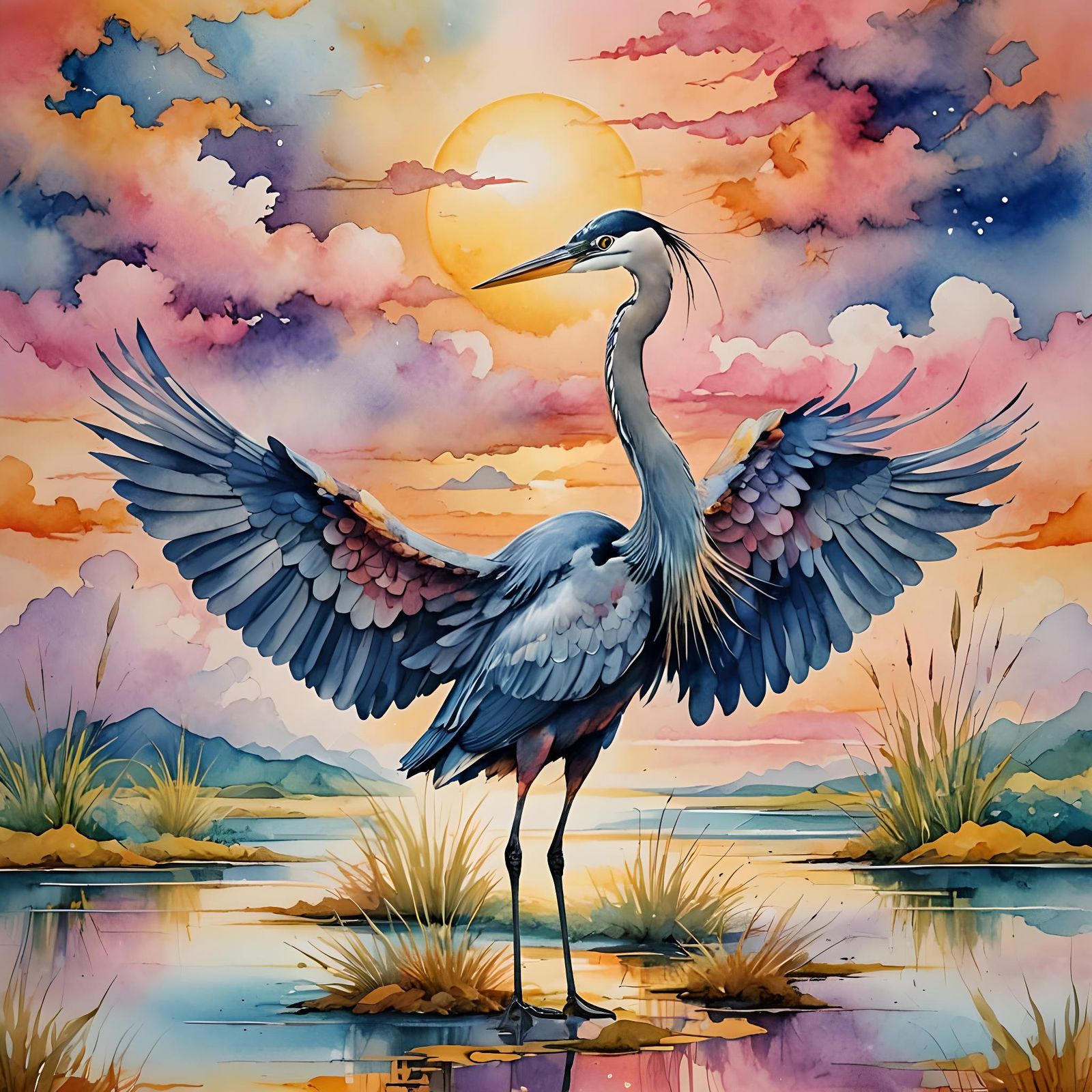 Watercolor Heron in Wadden Sea with Pink Clouds