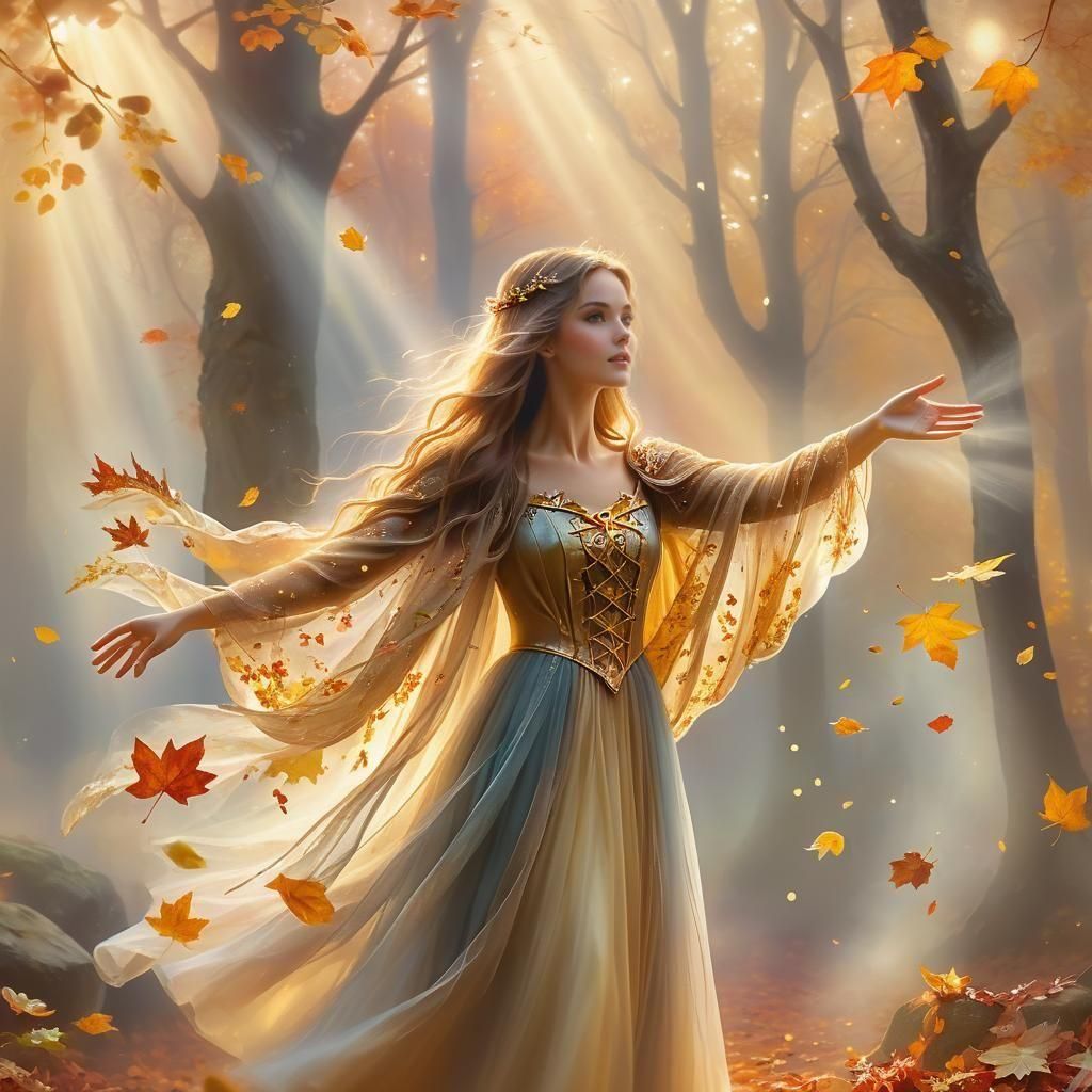 Ethereal Woman Conjures Autumn Leaves in Fantasy Scene