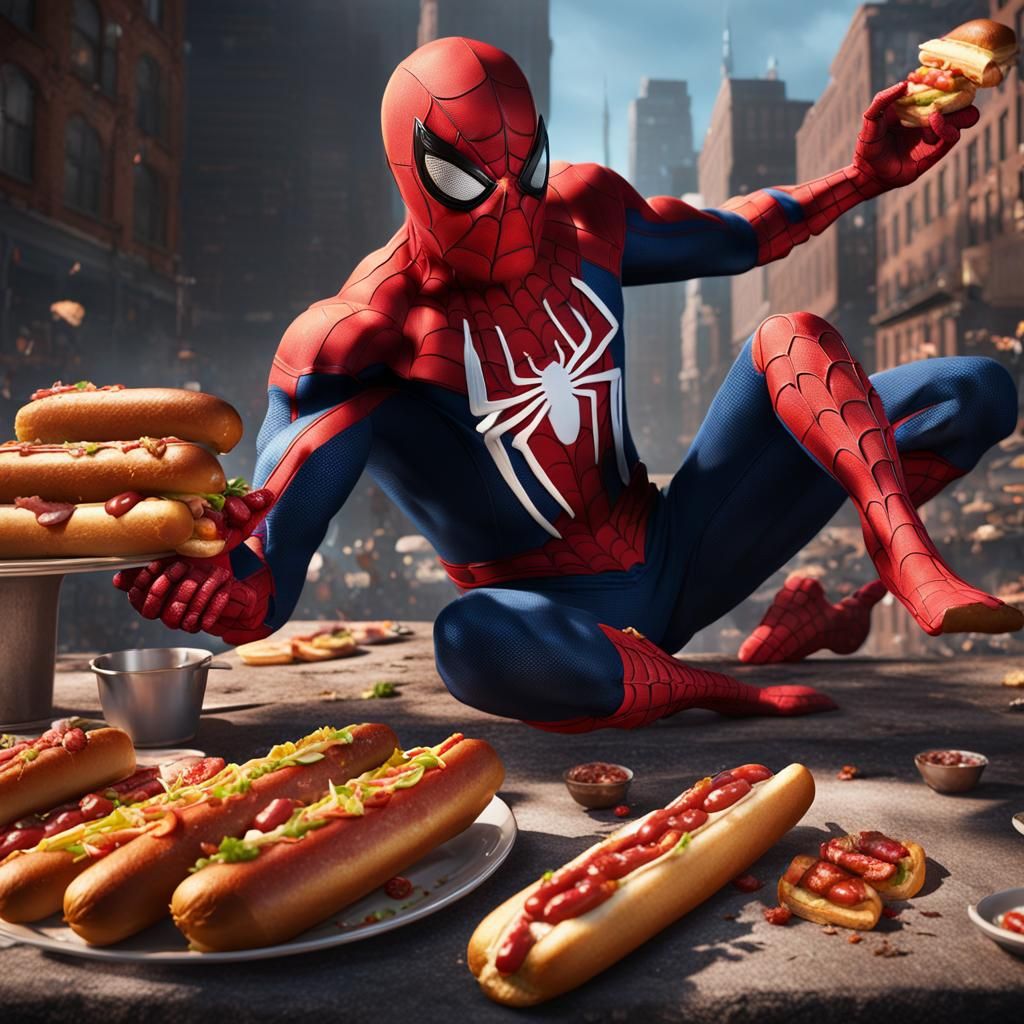 Spider-Man Eating Hot Dogs: Detailed Matte Painting