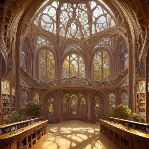 Dark Fantasy Elvish Library in Art Nouveau Style