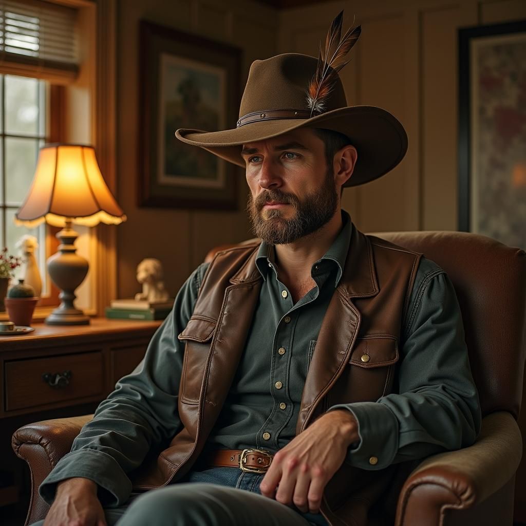 Cozy Home Portrait with Vintage Leather Hat