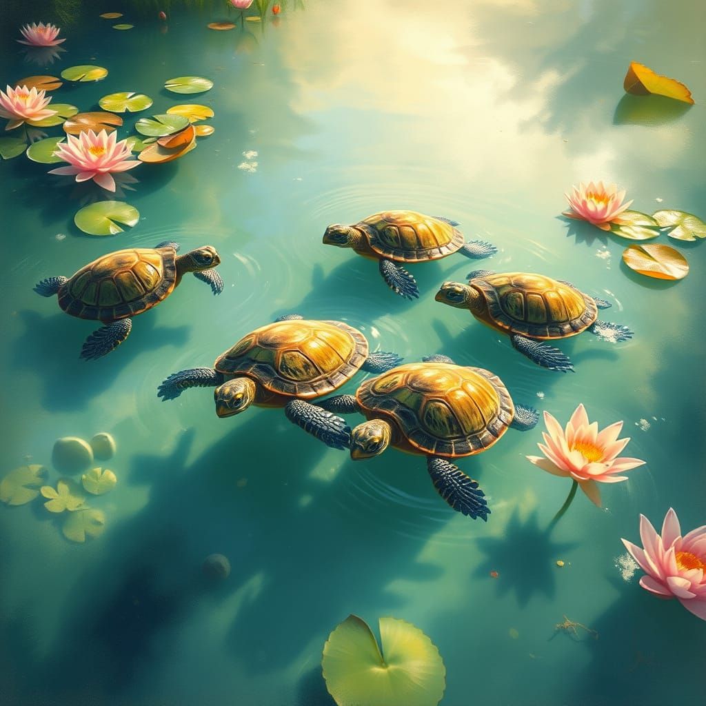 Turtles in a Serene Impressionist Lake Scene