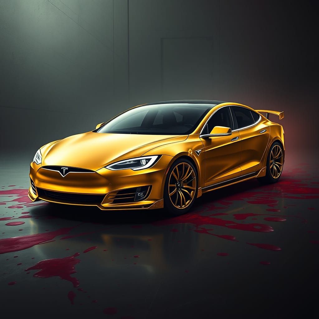 Luxurious Gold Tesla with Blood Accents in Industrial Cyberp...
