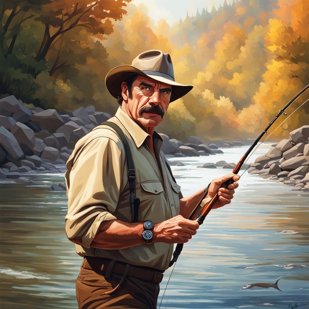 Hyperrealistic Tom Selleck Flyfishing in River