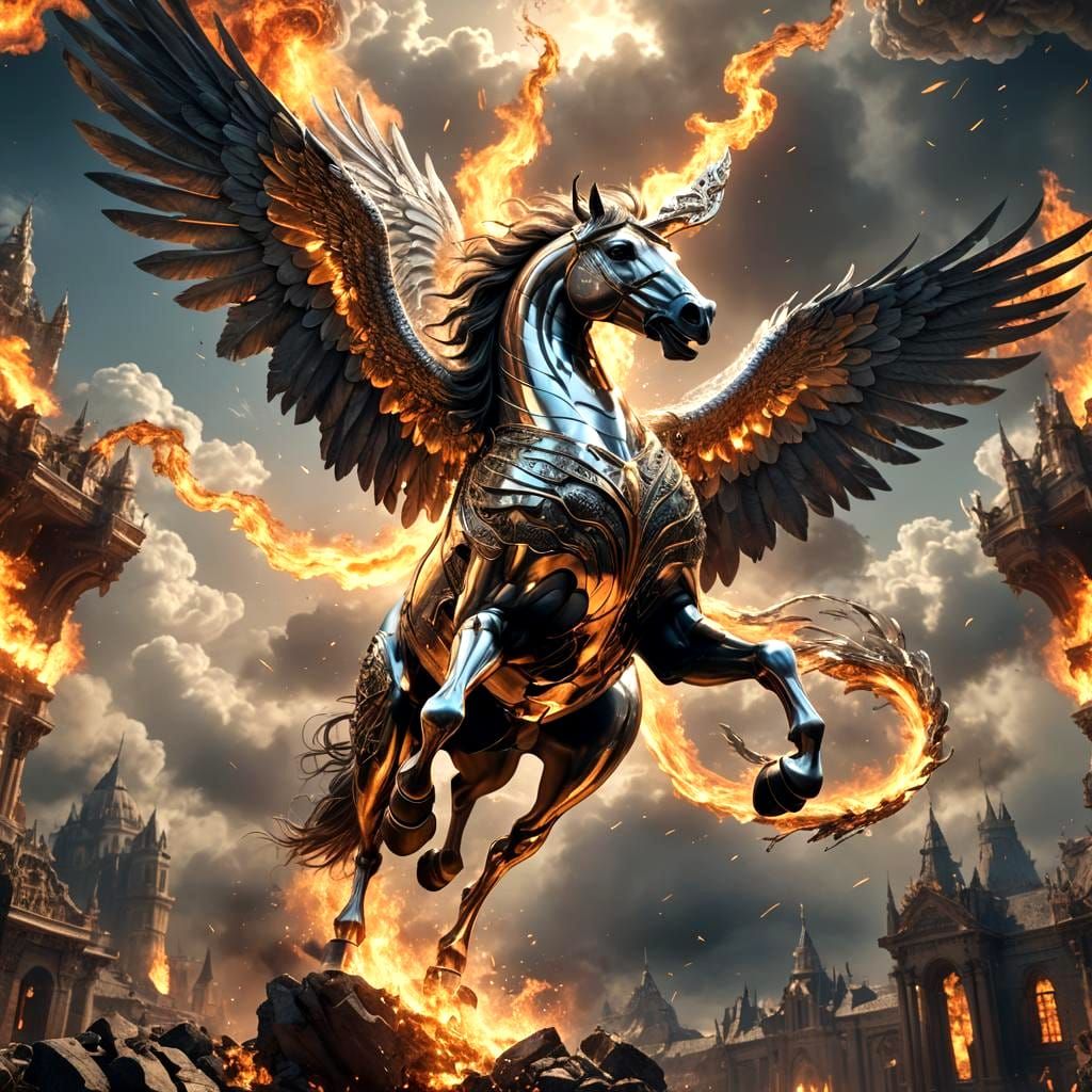 Chrome Pegasus Breathing Fire: Digital Matte Painting