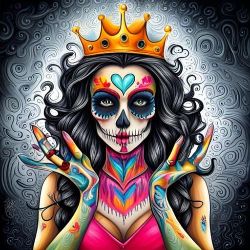 Skull-Faced Queen with Wings in Graffiti Art