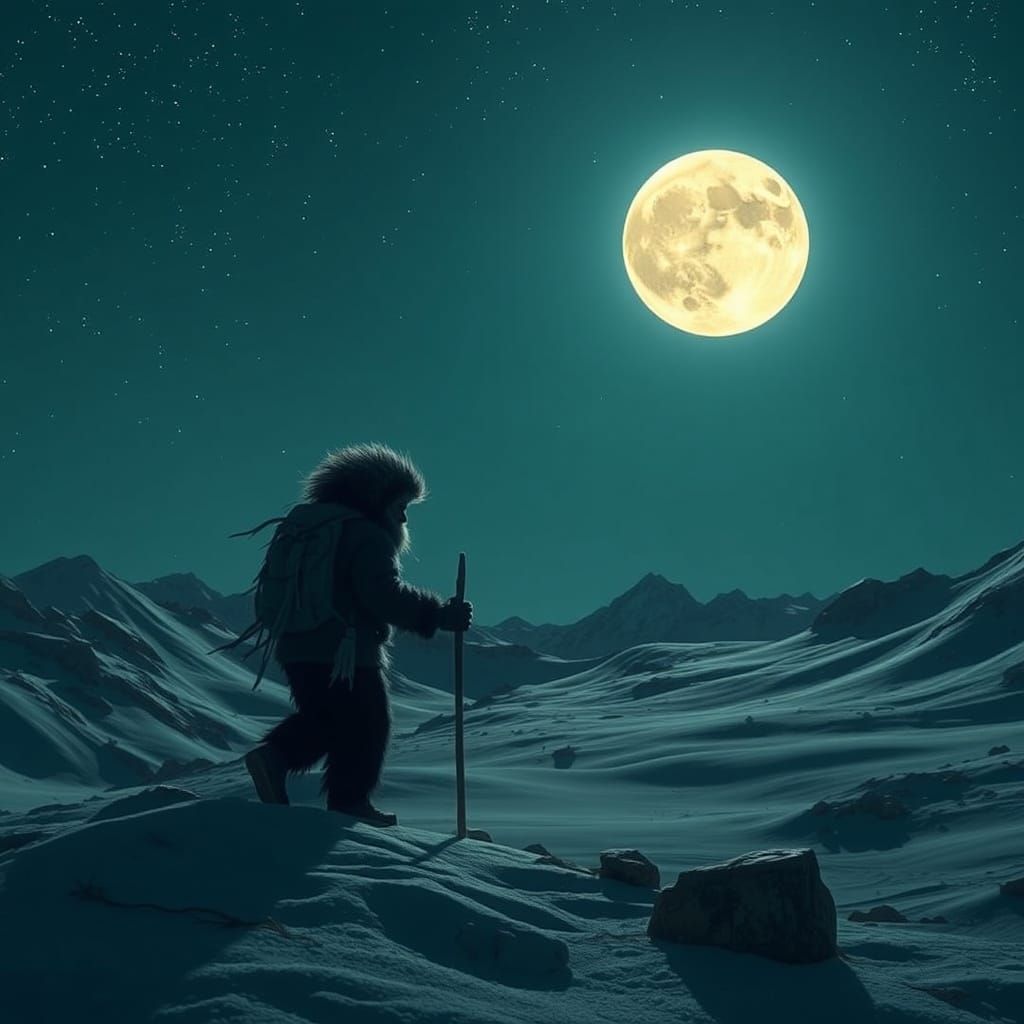 Yeti Silhouette Under Teal Moonlit Sky