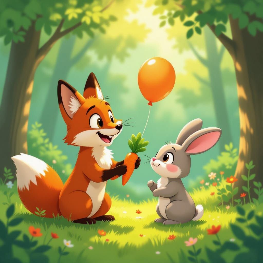 Mischievous Fox Tricks Rabbit in Ghibli Style