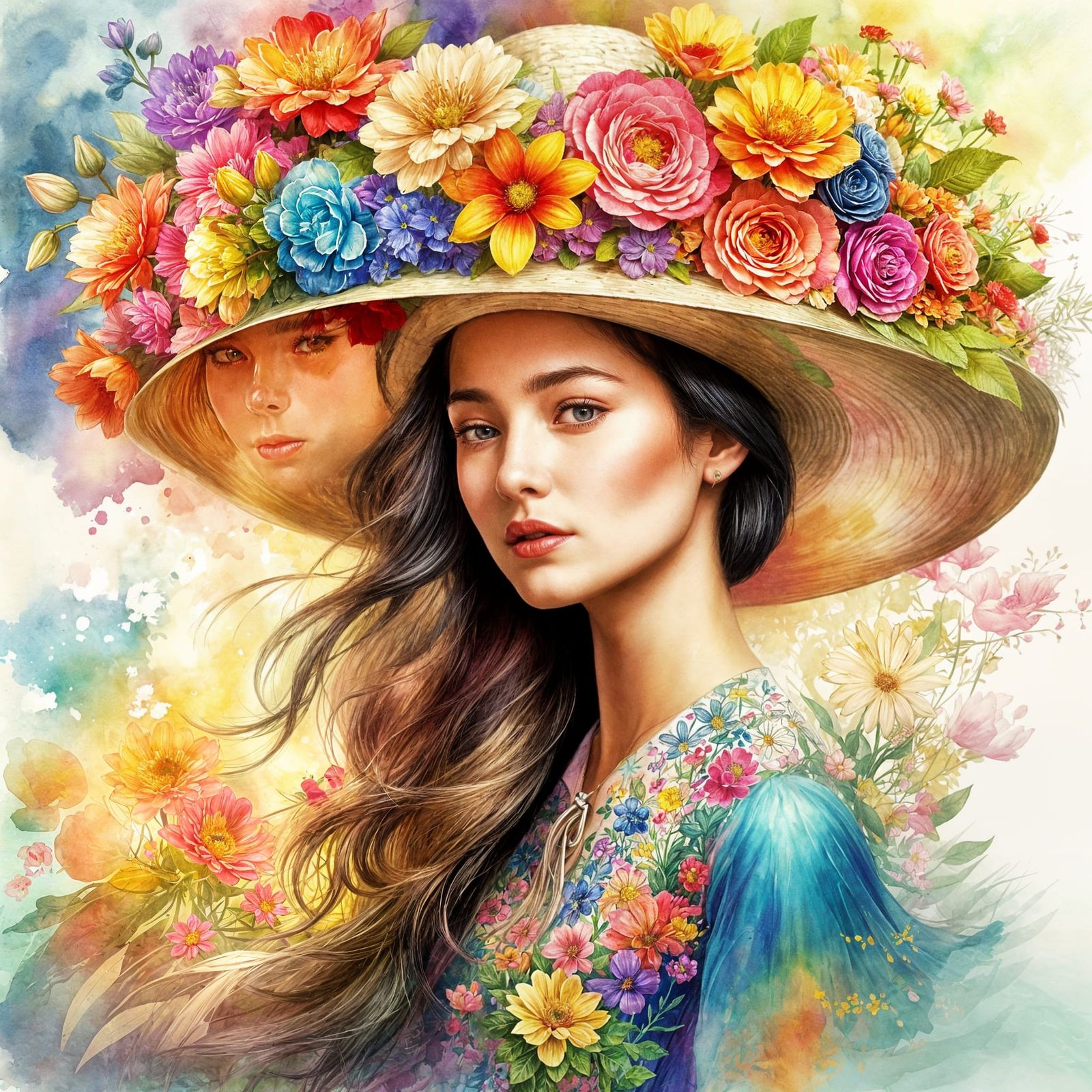 Lady with Floral Hat in Glitchpunk Style