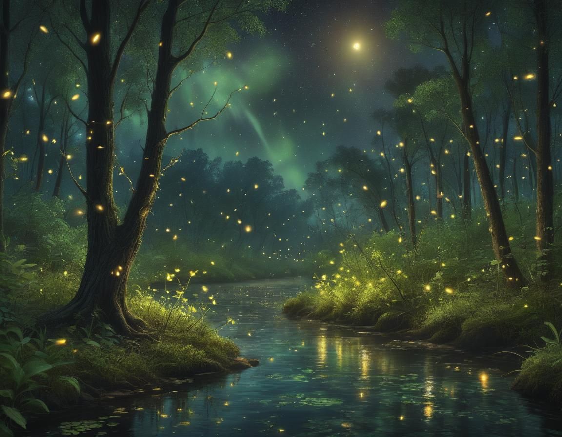 Riverside Fireflies Under Aurora: Surreal 3D Illustration