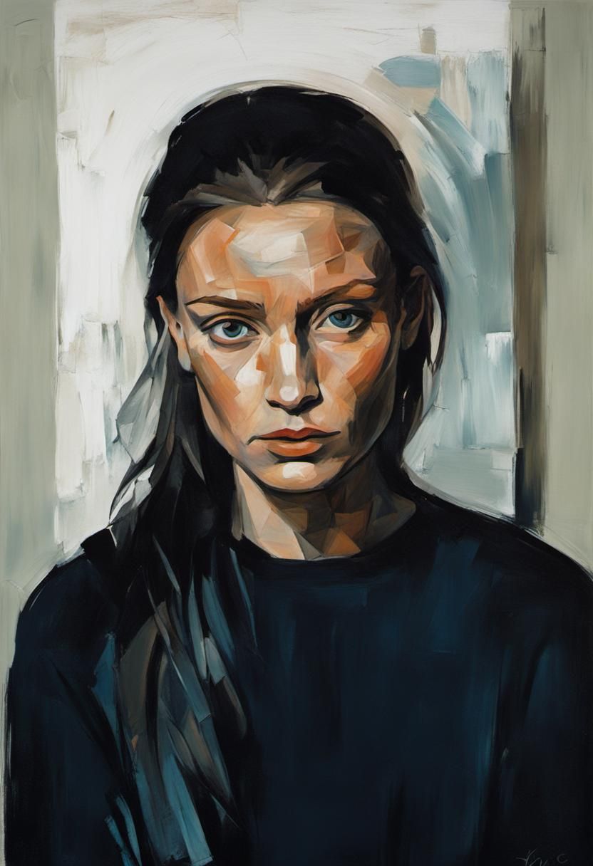 Melancholic Female Portrait in Cubist Style