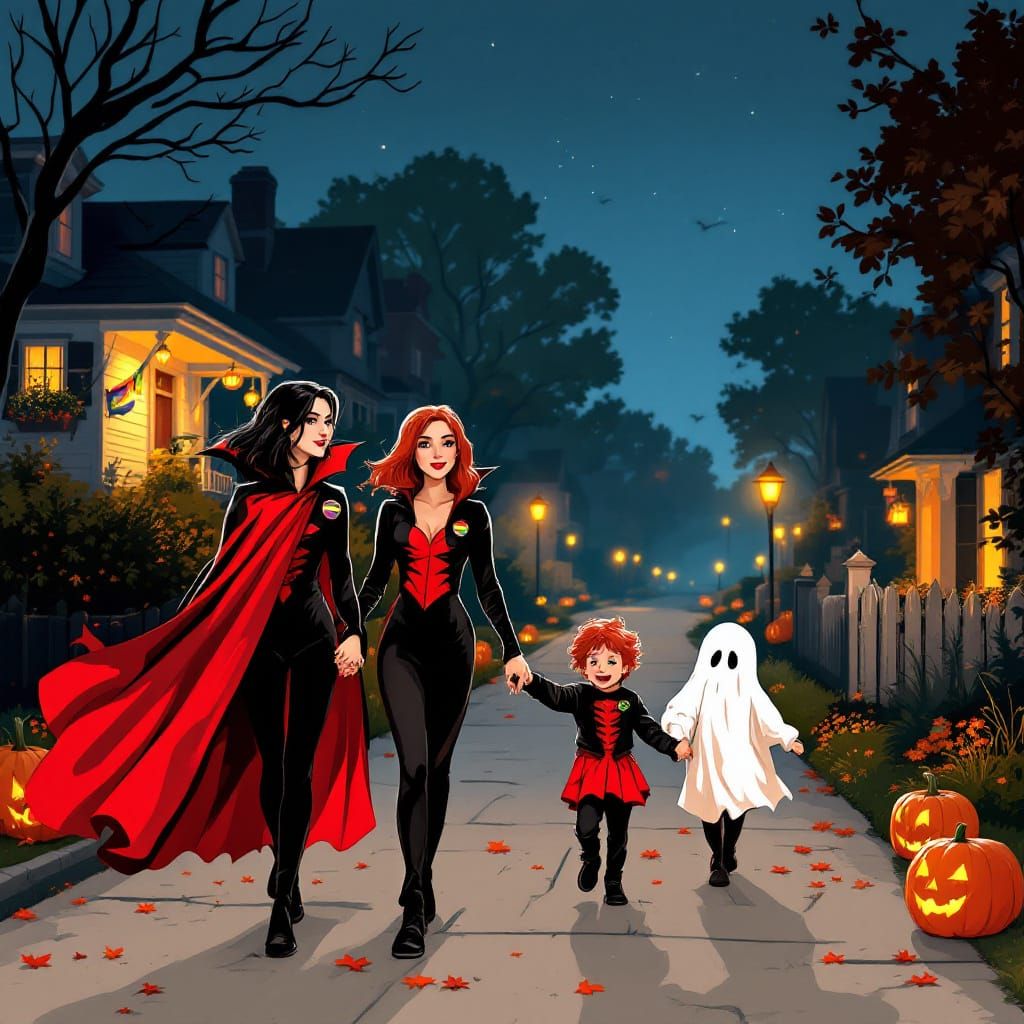 Halloween Night: Vampire Couple and Trick-or-Treaters