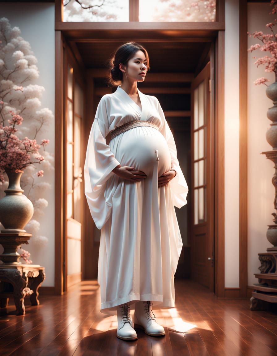 Pregnant Woman in Kimono: Cinematic Digital Painting