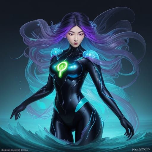 Korean Superheroine in Ethereal Neon Cityscape