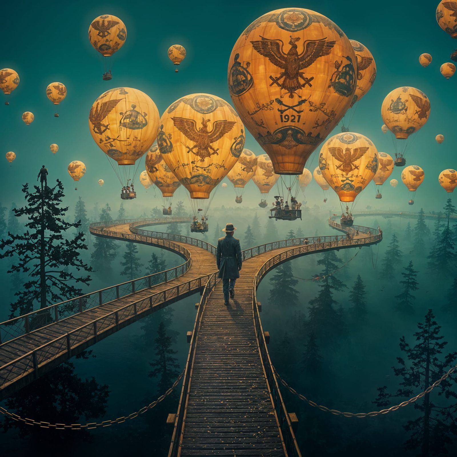 Surreal WWII Balloon Cityscape in a Whimsical, Escher-Inspir...