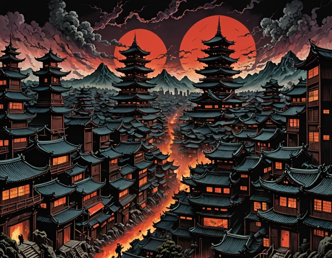 Dreamcore City Under Two Moons in Darkwave Style