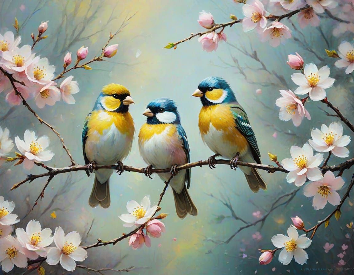 Impressionist Spring Birds in Blossom