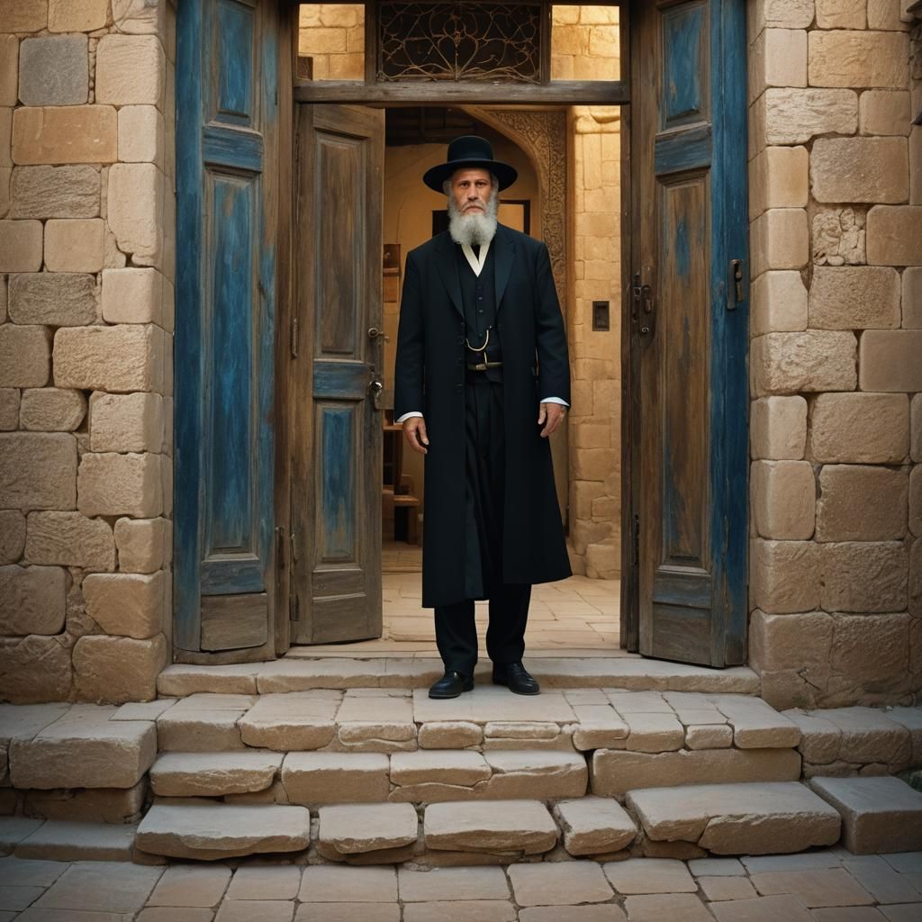 Hassidic Man in Jerusalem Doorway, Detailed Matte Painting