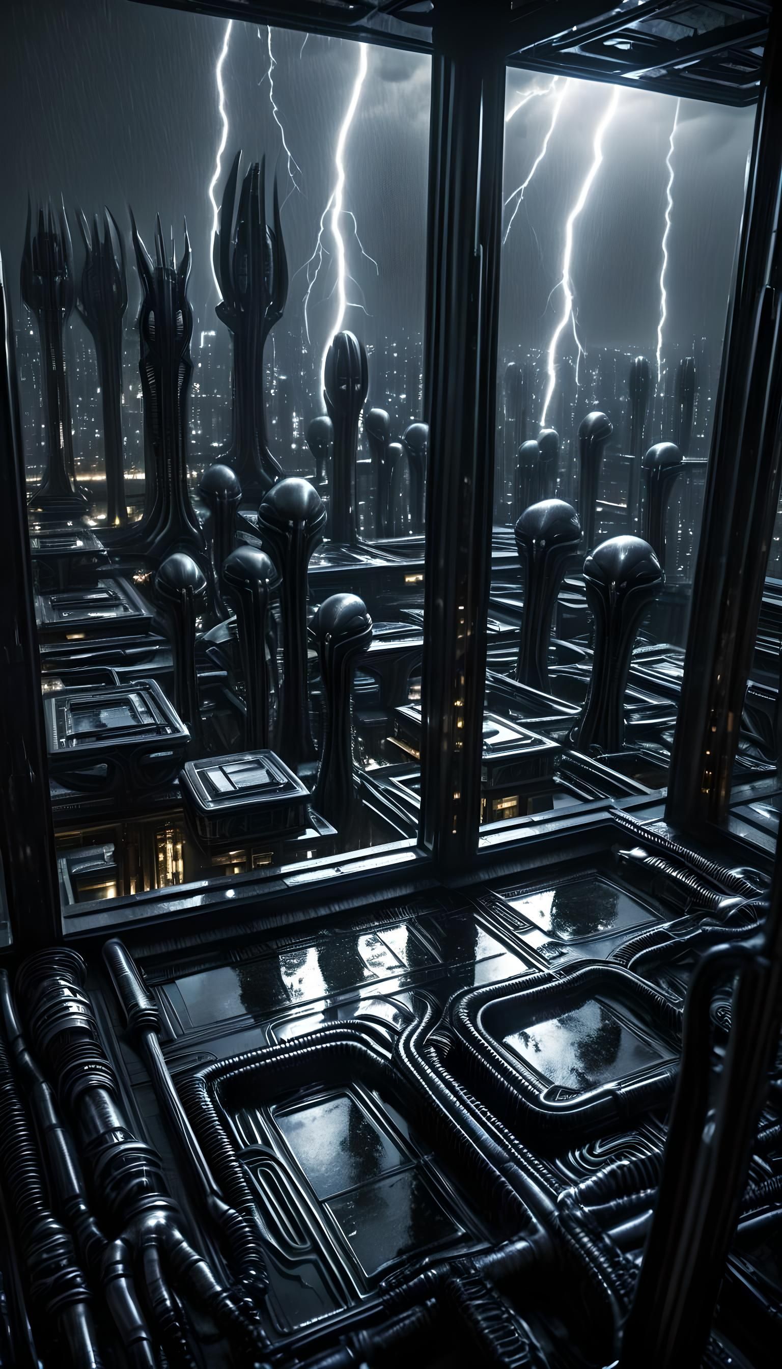 Futuristic Alien City in Giger Style at Night