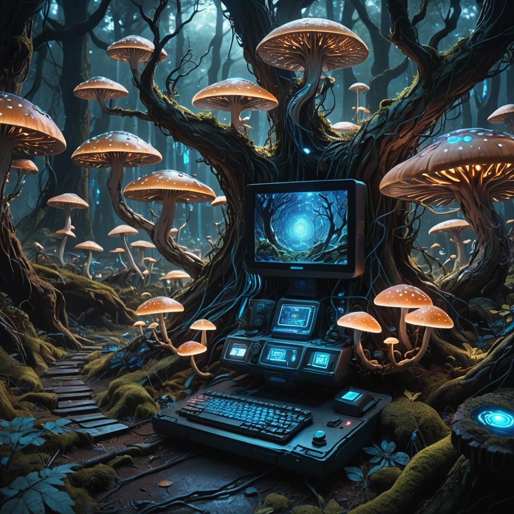 Futuristic Computer in Mystical Forest: Concept Art