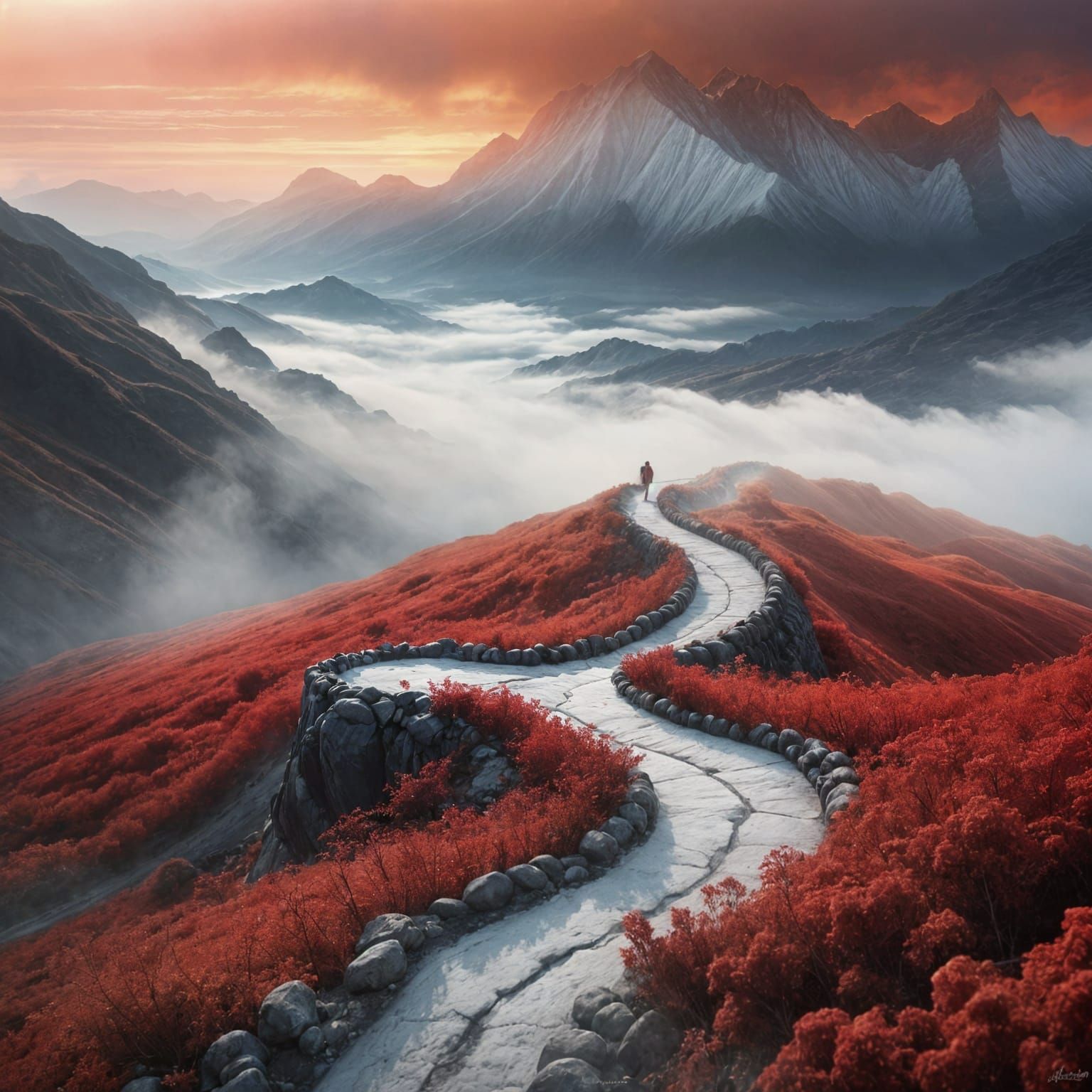 Scarlet Sunset Illuminates Mountain Vista as Airbrush Art