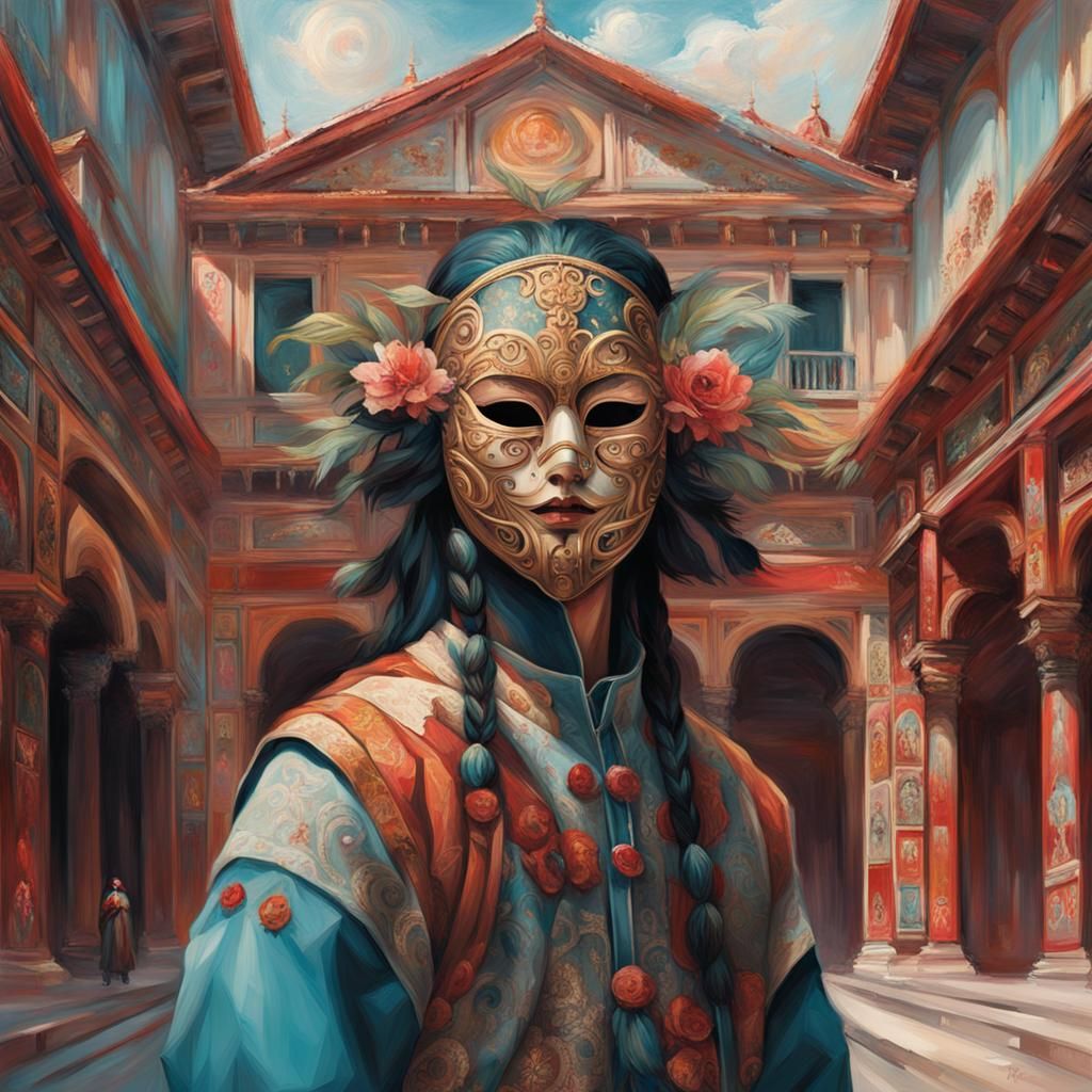 Masked Figure in Cyberpunk Venetian City