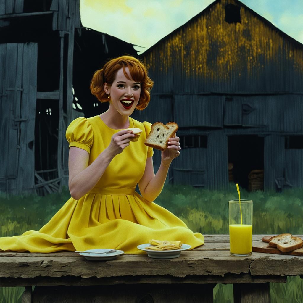 Girl in Yellow Dress Eating Toast, Hyperrealism