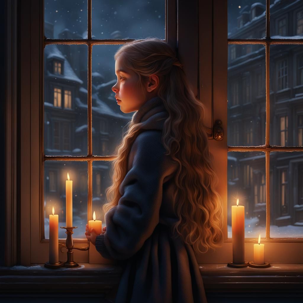 Girl in Window on Winter Evening