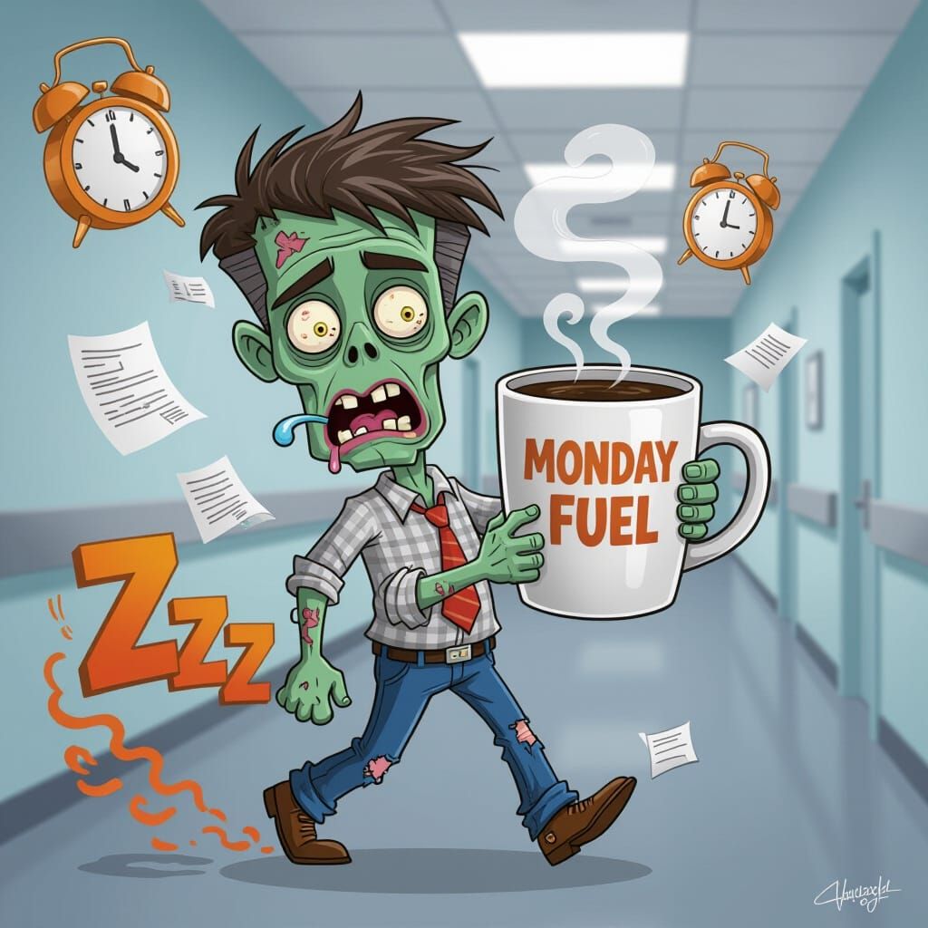 Zombie Office Worker's Monday Morning Coffee Fueled Chaos