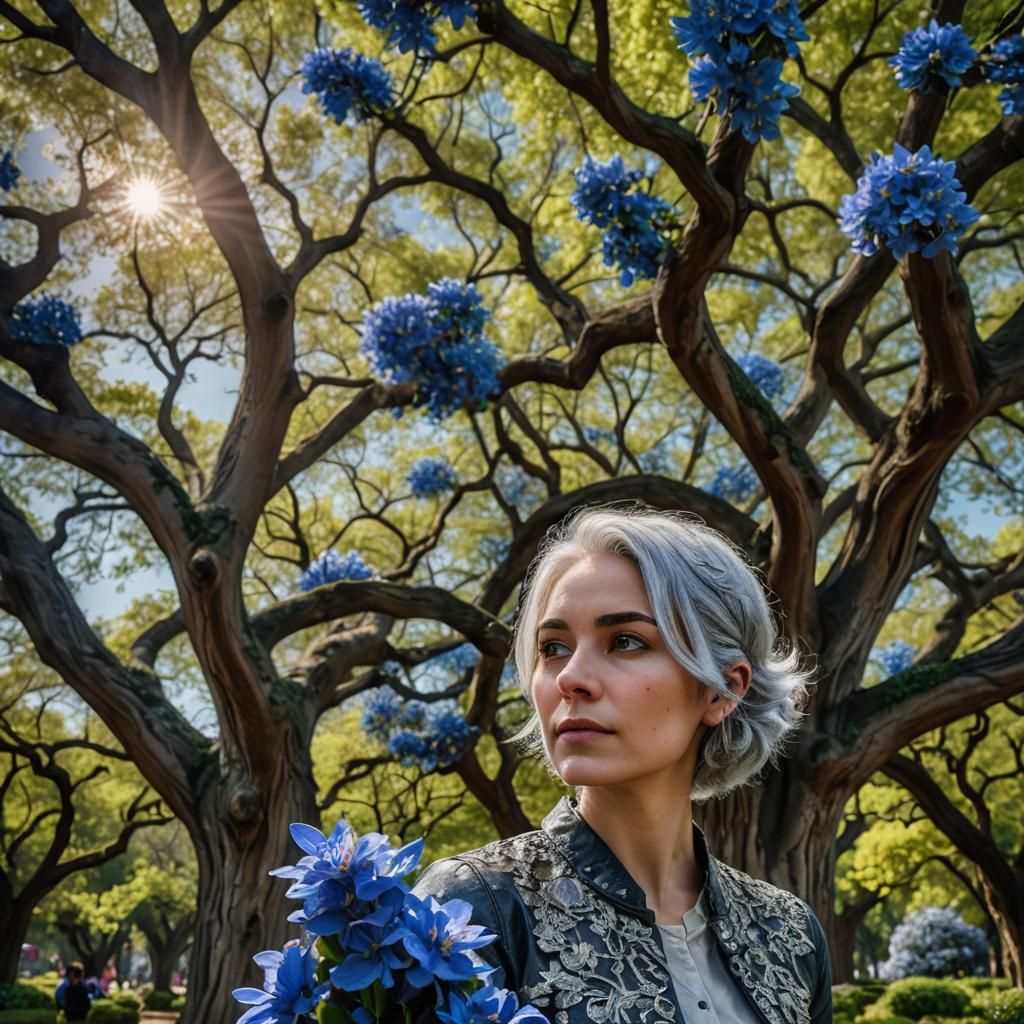 Silver-Haired Woman Under Giant Blue Blossom Tree