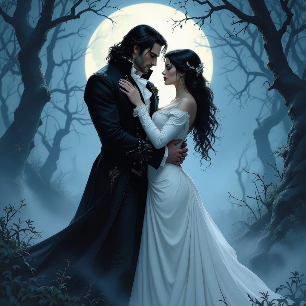 Vampire's Romantic Embrace Under the Moon