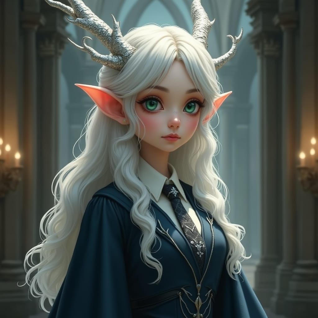 Ethereal Elf Maiden in Ravenclaw Attire at Hogwarts