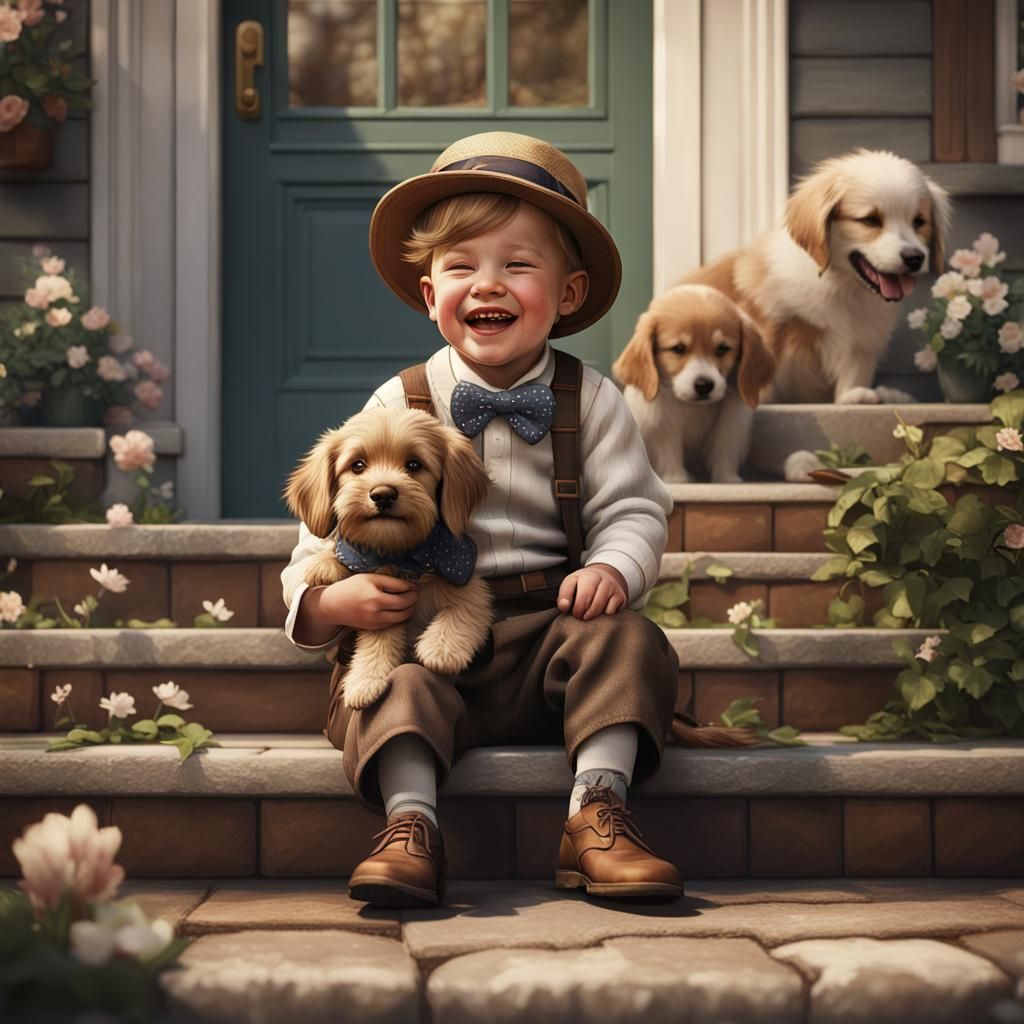 1920s Boy with Puppy in Spring, Detailed Matte Painting