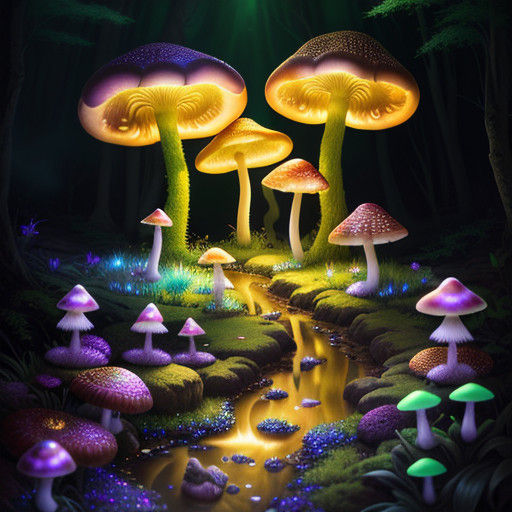 Golden Mushrooms in a Whimsical Fantasy Forest