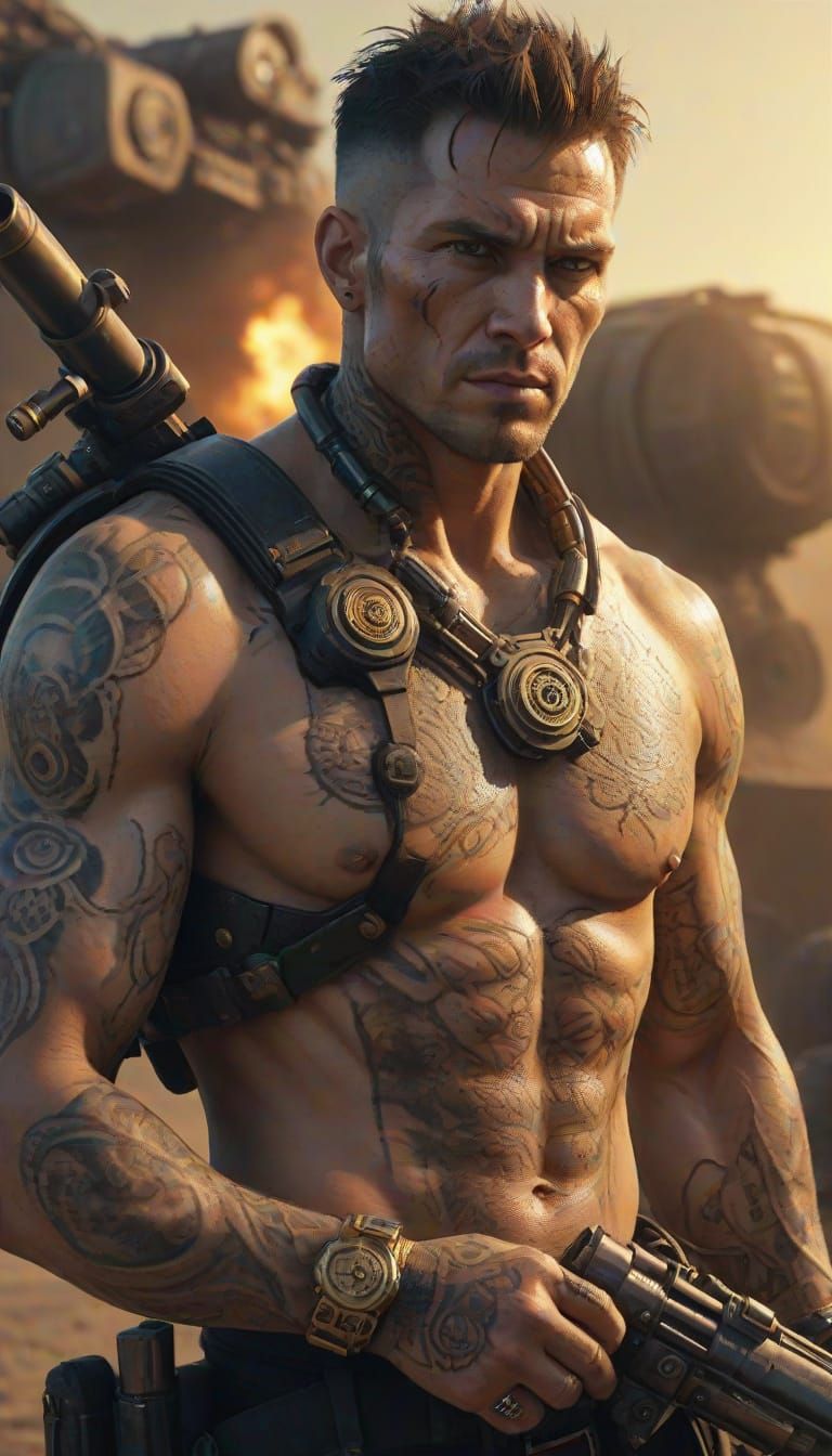 Bryan Fury with Gatling Gun: Hyper-Realistic Digital Art