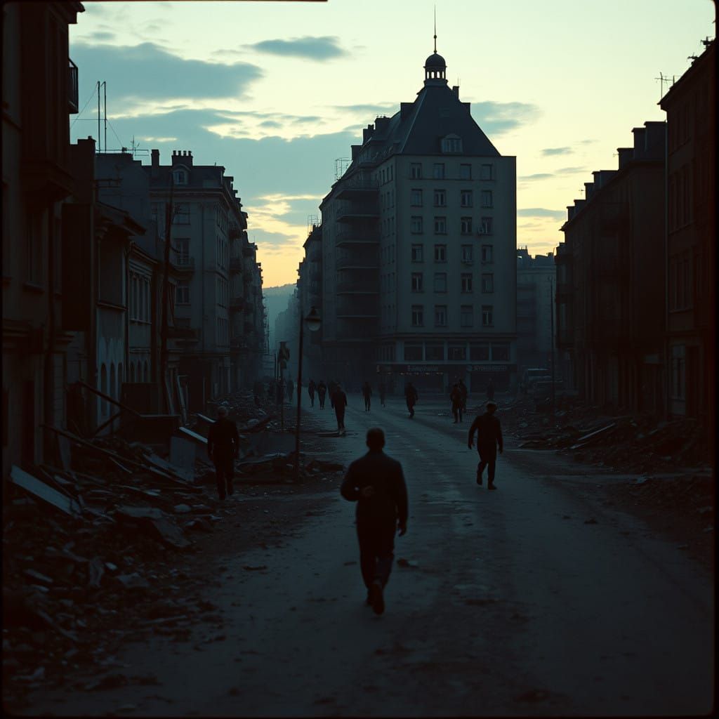 Eerie German Cityscape at Dusk, Infested with Undead Horrors