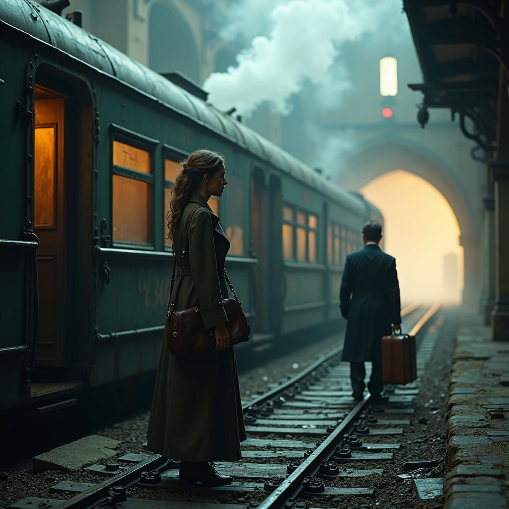 Eerie Train Station Scene in Matte Painting Style