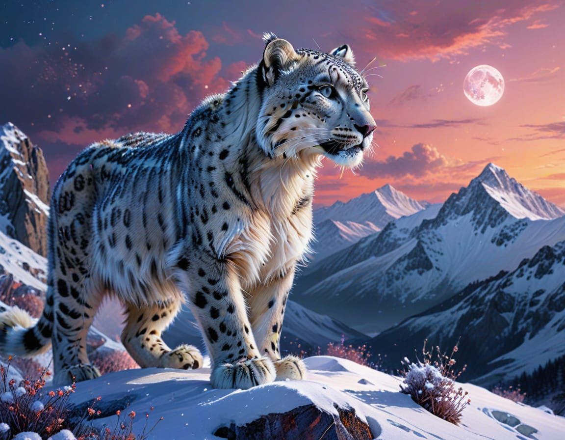 Ethereal Snow Leopard Illuminated on Moonlit Peak